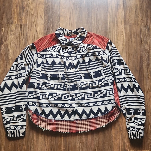 Patchwork Cropped Western Shirt Mushroom Whimsy Indie Grunge Folk Woodland - Picture 10 of 14